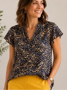 Anthropologie Flutter Sleeve Blouse Animal Print Boho Career Top M